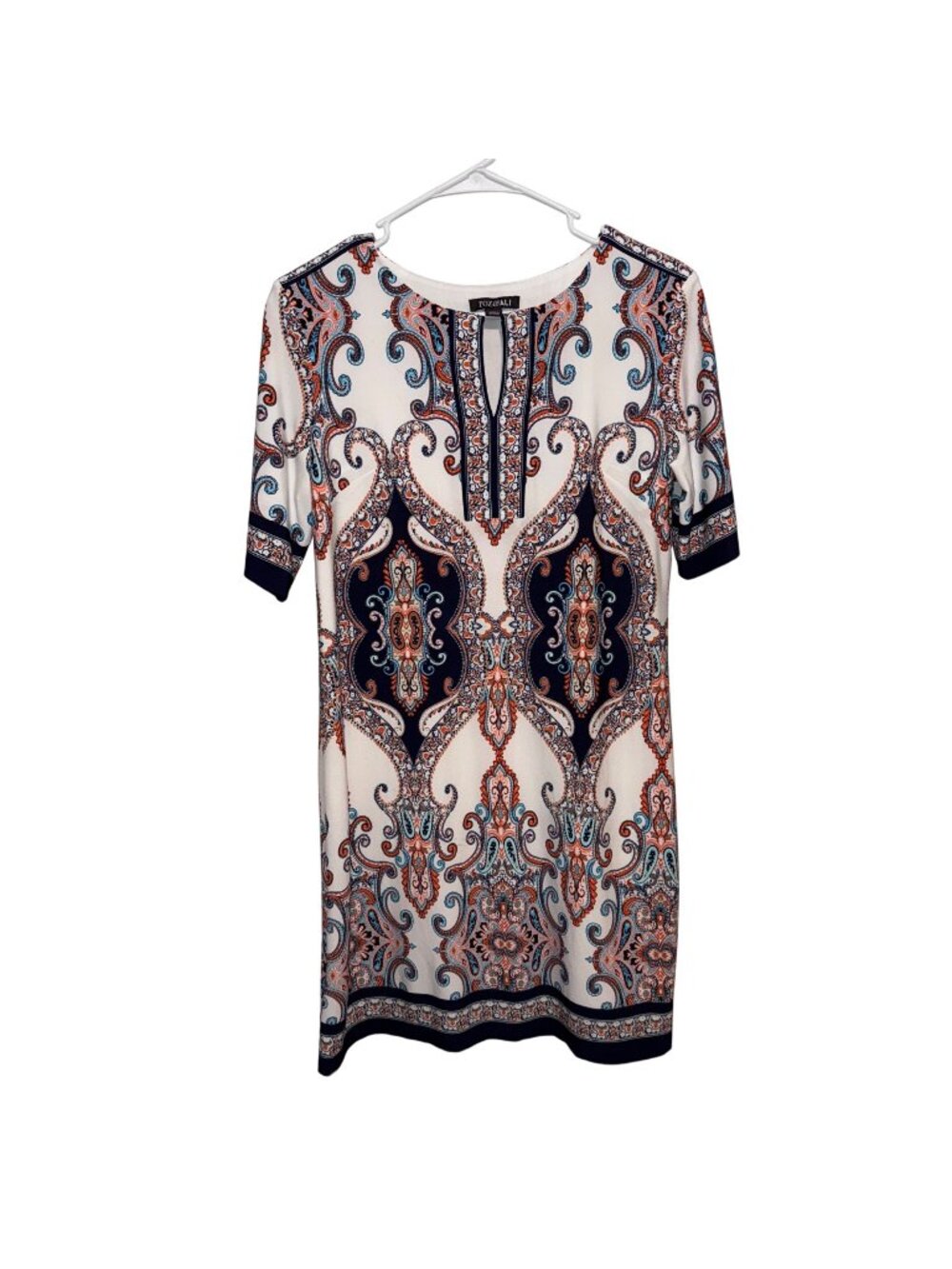 Roz & Ali Petite 6 Paisley Print Short Sleeve Dress White/Blue/Orange